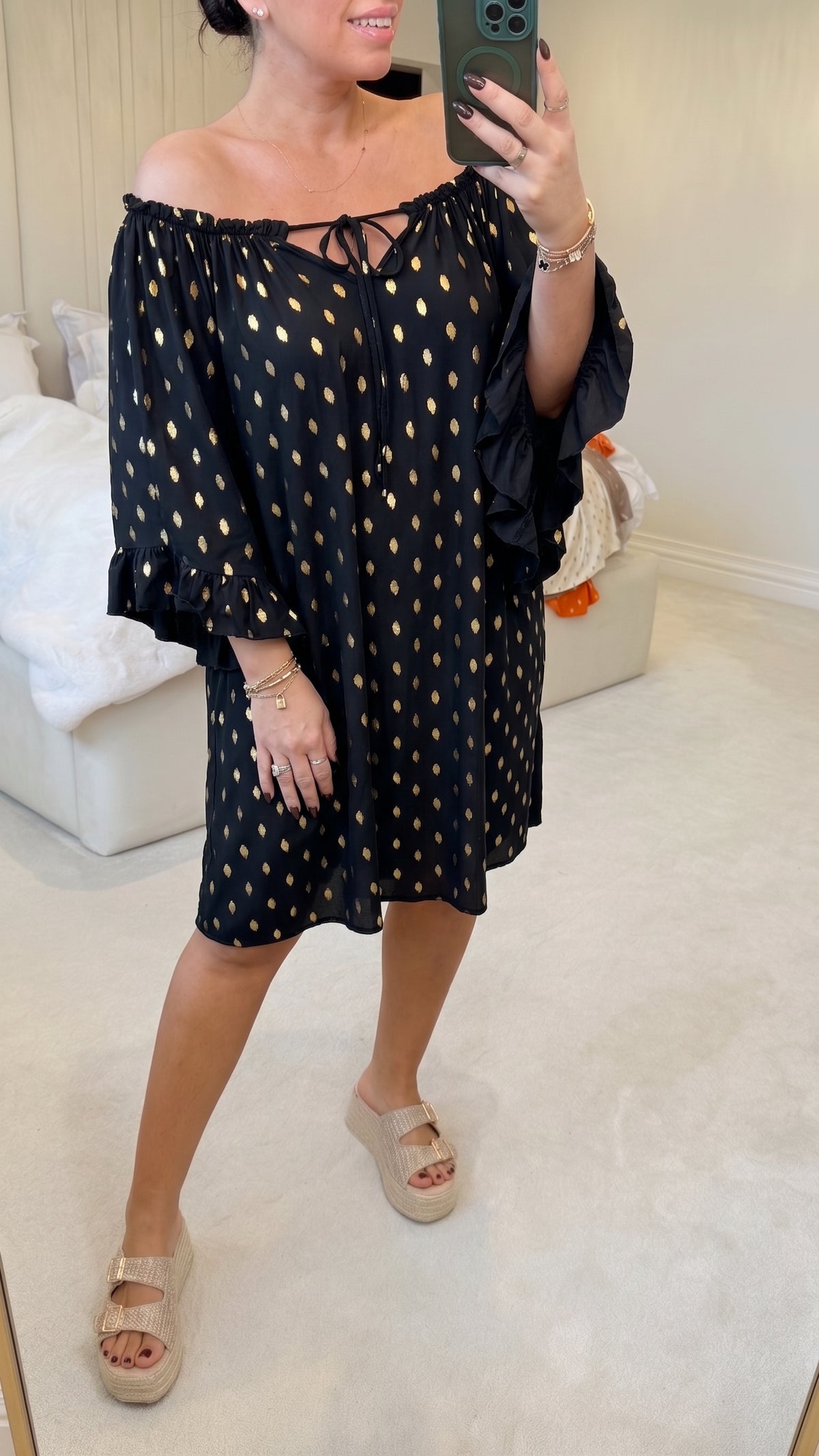 Elodie Gold Polka Print Bardot Dress