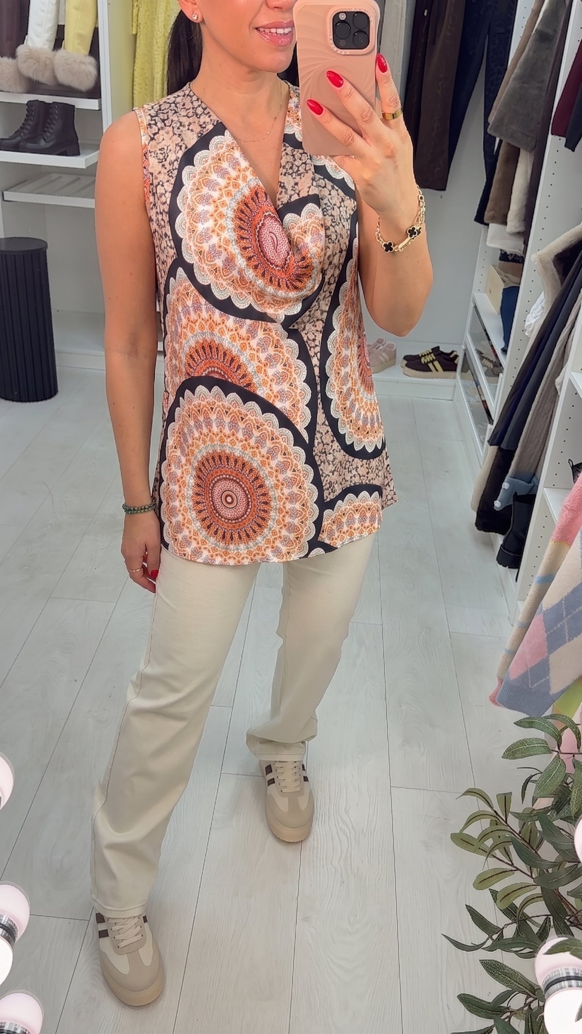 Palace Tile Print Satin Cowl Neck Top