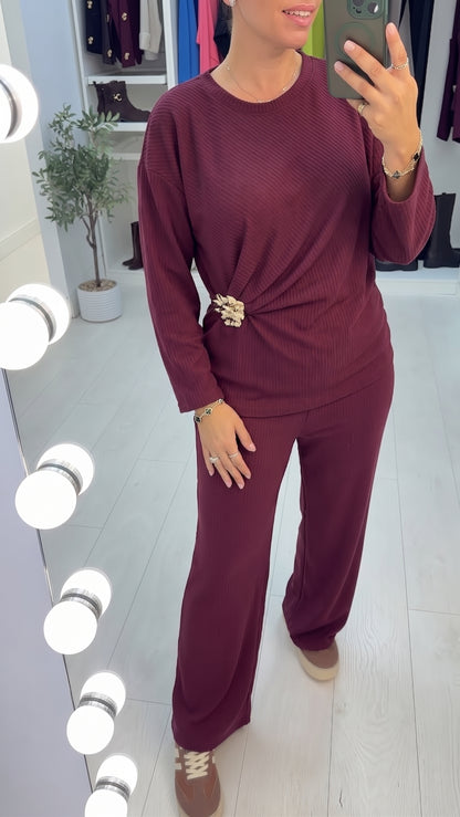 Hana Plain Ribbed Embellish Detailed Loungewear Set