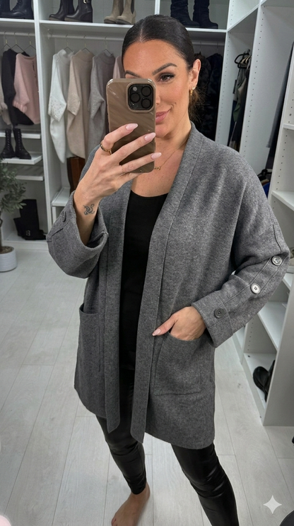 Zayda Plain Button Detail Open Front Cardigan