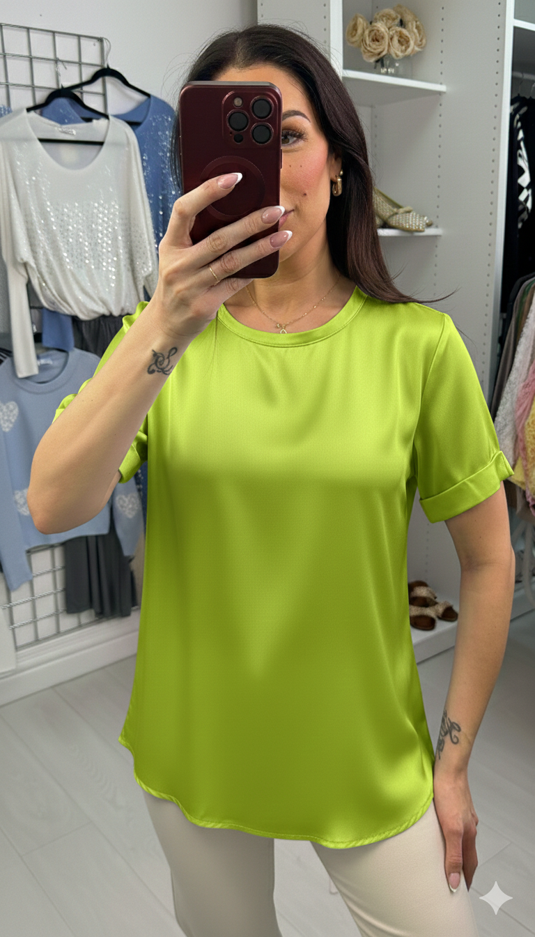 Letita Plain Satin Dipped Hem Short Sleeve Top