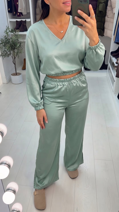 Manrika Satin Cropped Top Wide Leg Loungewear Set