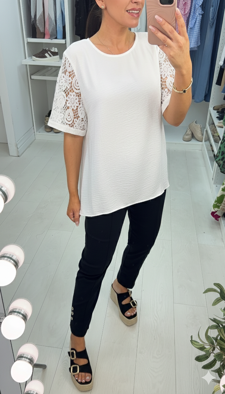 Felita Crochet Short Sleeve Crepe Top