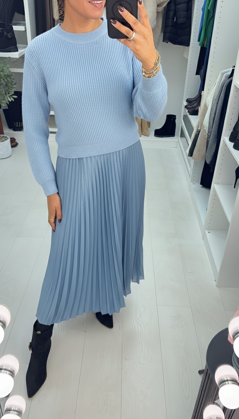 Elise Plain 2-In-1 Knitted Top Silk Pleated Dress