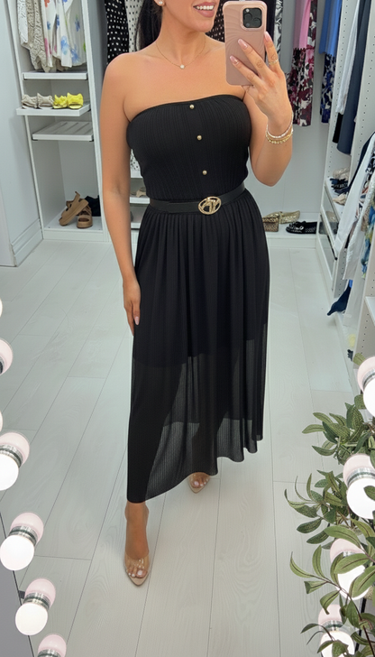 Beverley Ribbed & Mesh Bardot Midi Dress