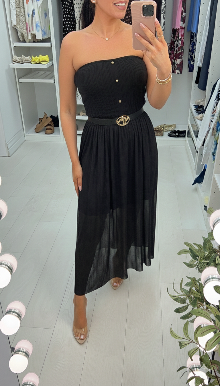 Beverley Ribbed & Mesh Bardot Midi Dress