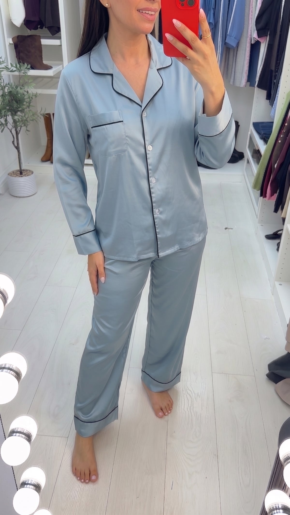 Rhianna Satin Long Sleeve Piped Trim Pyjama Set