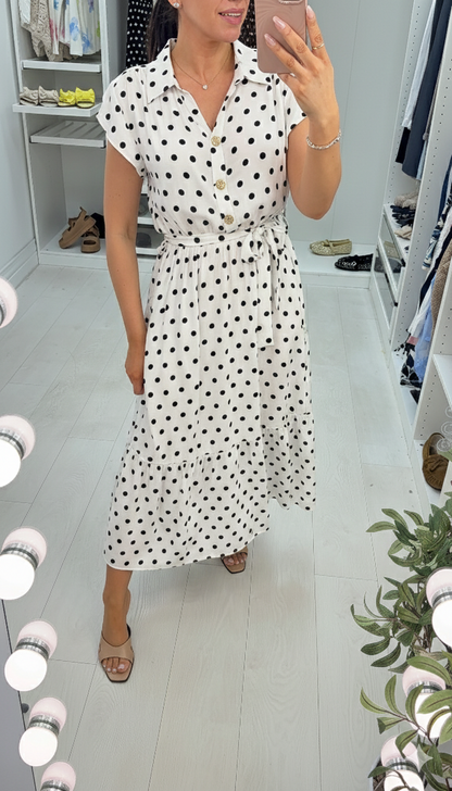 Zinnia Polka Dot Short Sleeve Belted Maxi Dress
