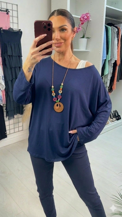 Gelina Plain Necklace Batwing Sleeve Super Soft Top