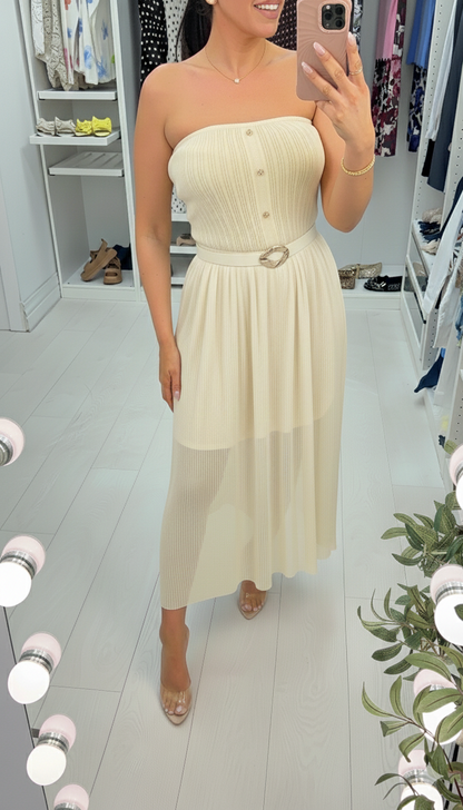 Beverley Ribbed & Mesh Bardot Midi Dress