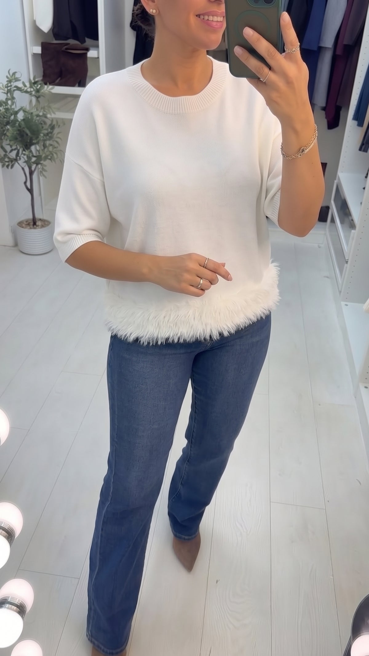 Kylah Short Sleeved Knit Top with Faux Fur Trim