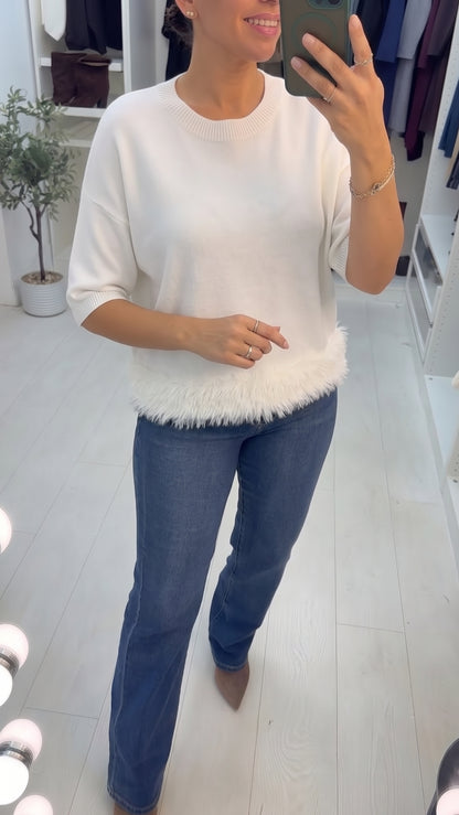 Kylah Short Sleeved Knit Top with Faux Fur Trim