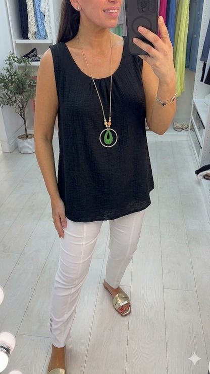 Eleni Plain Necklace Cheesecloth Top