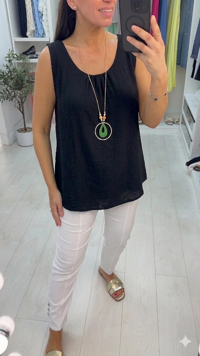 Eleni Plain Necklace Cheesecloth Top