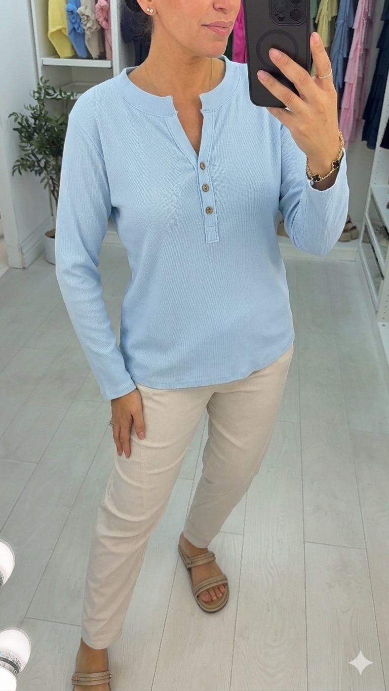 Lily Plain Ribbed V Neck Long Sleeve Top