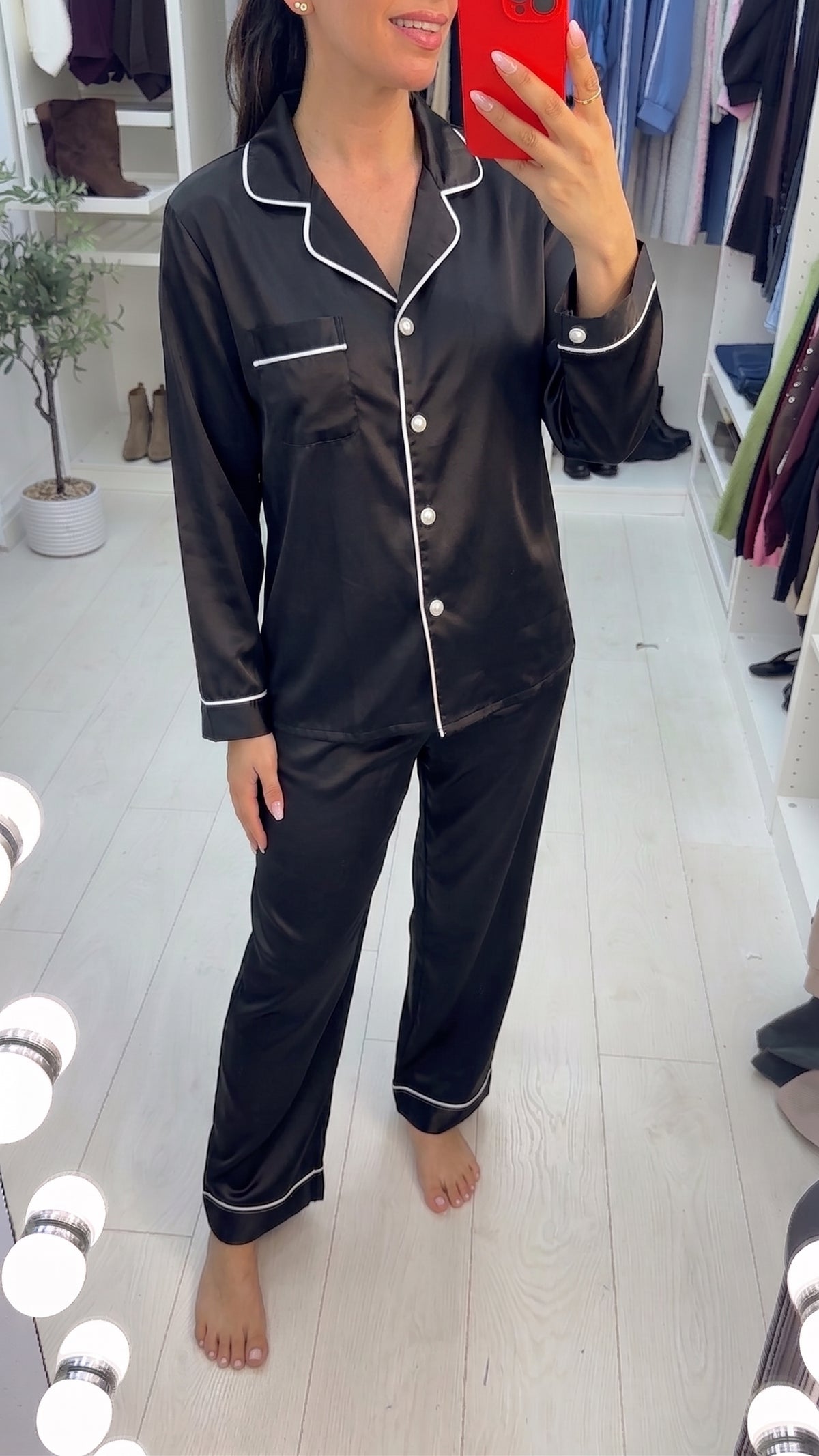 Rhianna Satin Long Sleeve Piped Trim Pyjama Set
