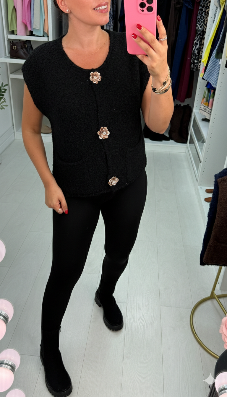 Lorella Plain Floral Button Detail Sleeveless Knit Cardigan