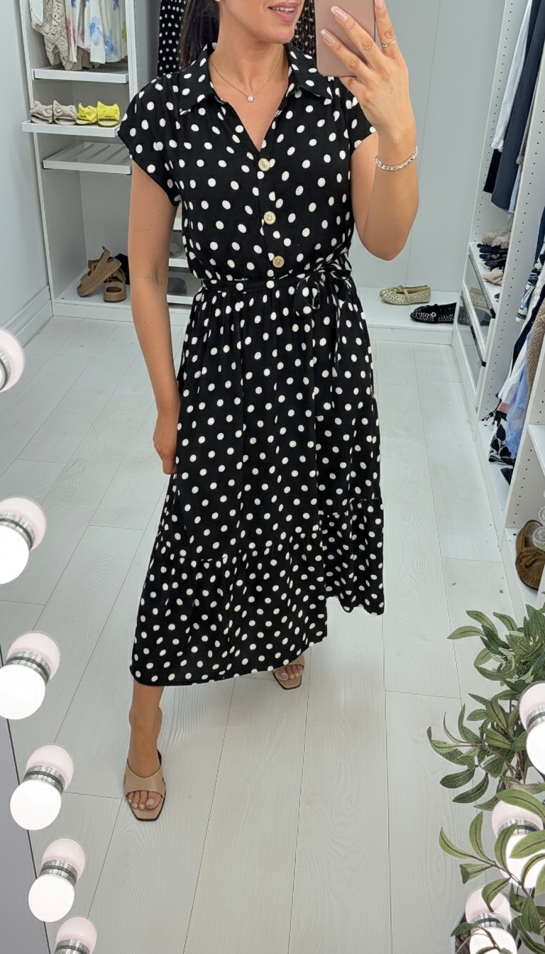 Zinnia Polka Dot Short Sleeve Belted Maxi Dress