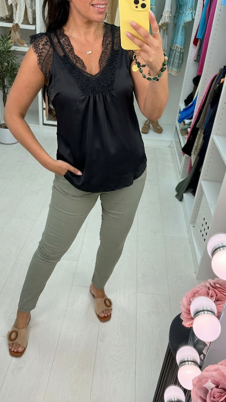 Luca Lace Trim Detail Satin Top