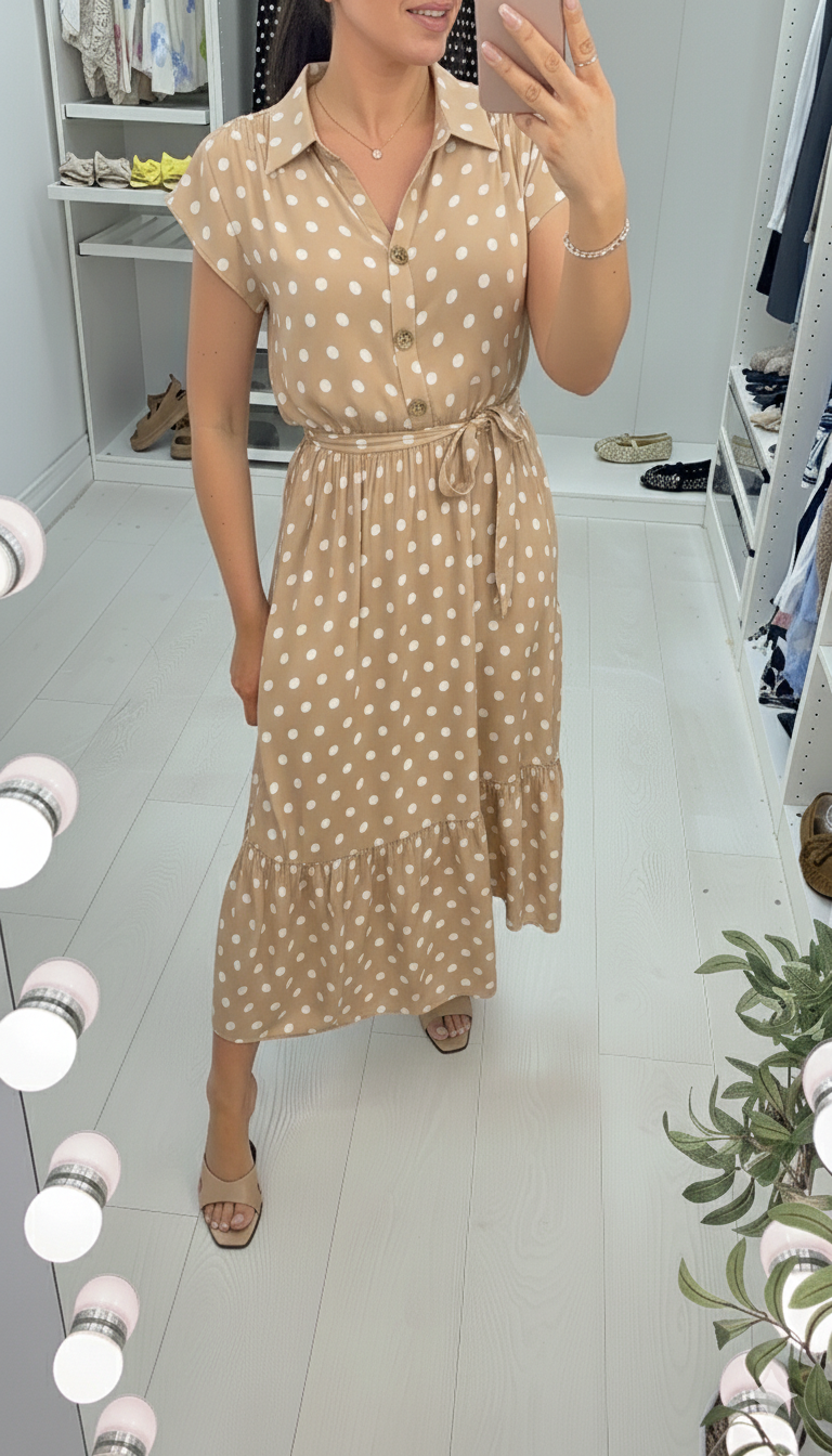 Zinnia Polka Dot Short Sleeve Belted Maxi Dress