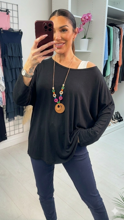 Gelina Plain Necklace Batwing Sleeve Super Soft Top