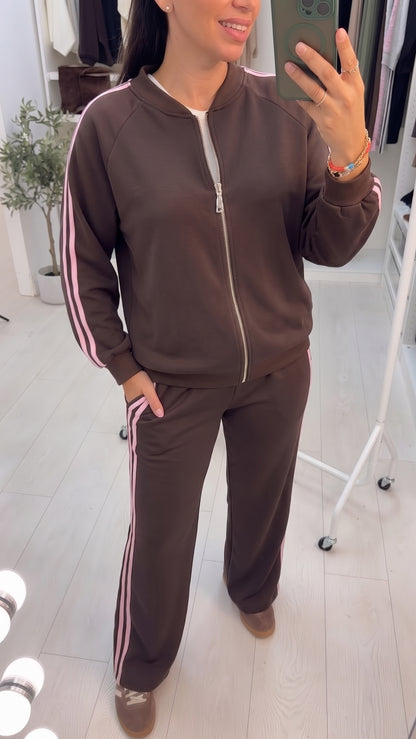 Peaches Side Stripe Detailed Zip Front Loungewear Set