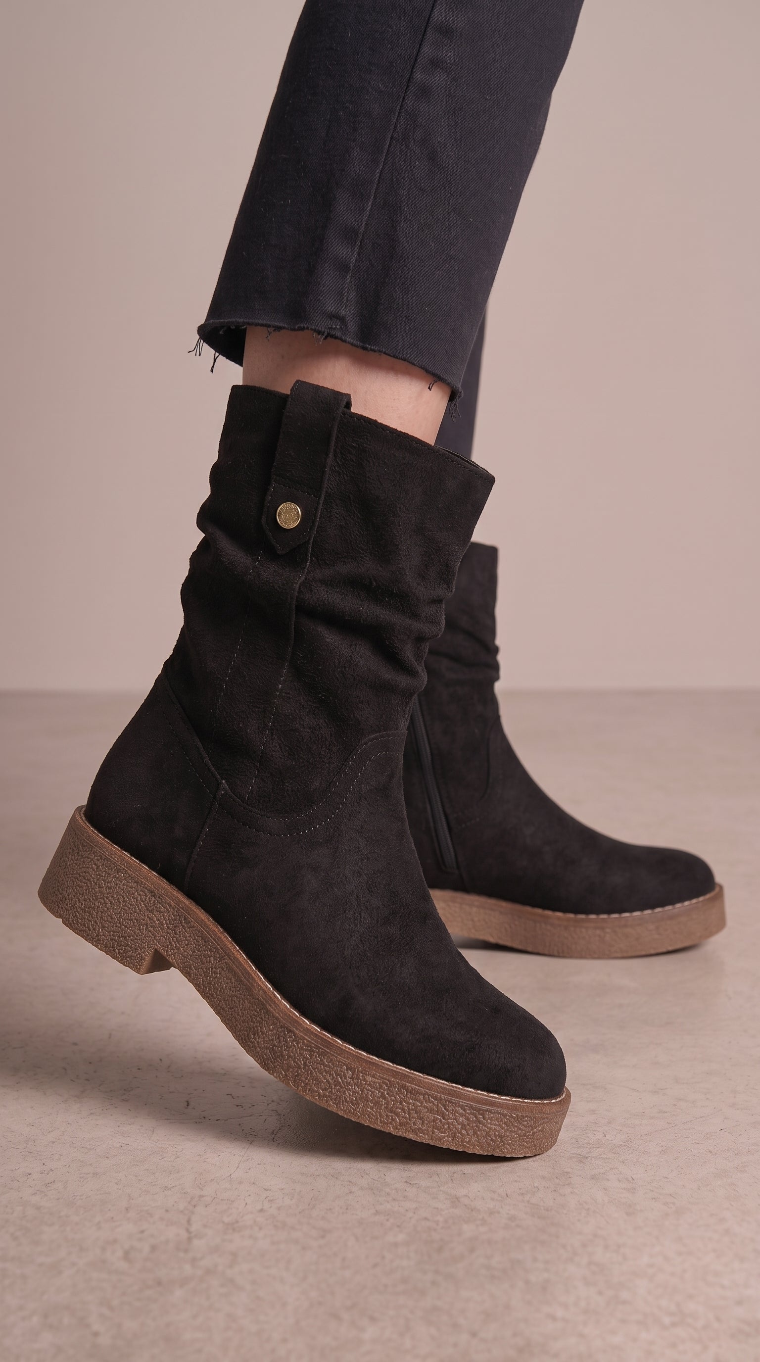 Holly Faux Suede Runched Detail Chunky Sole Boots