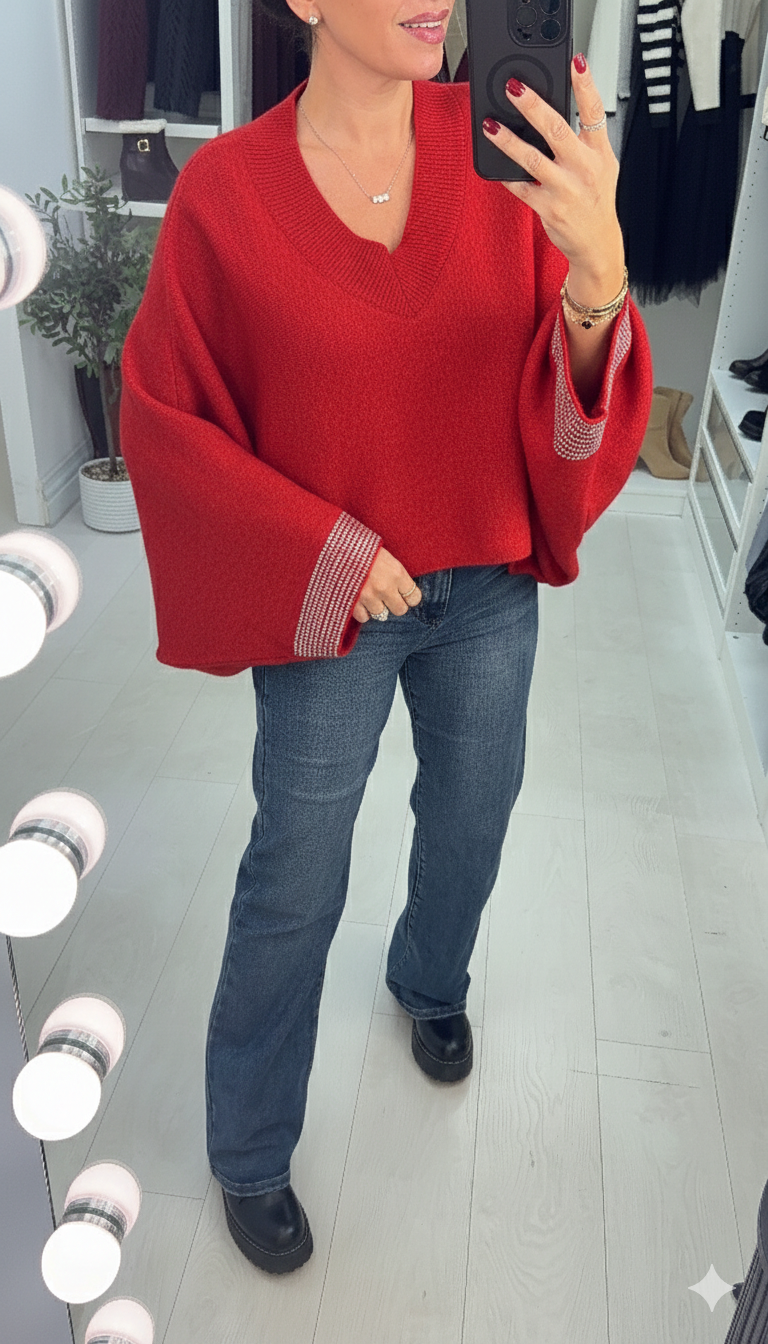 Ramona Plain Diamante Sleeve Detail Loose Fit Jumper