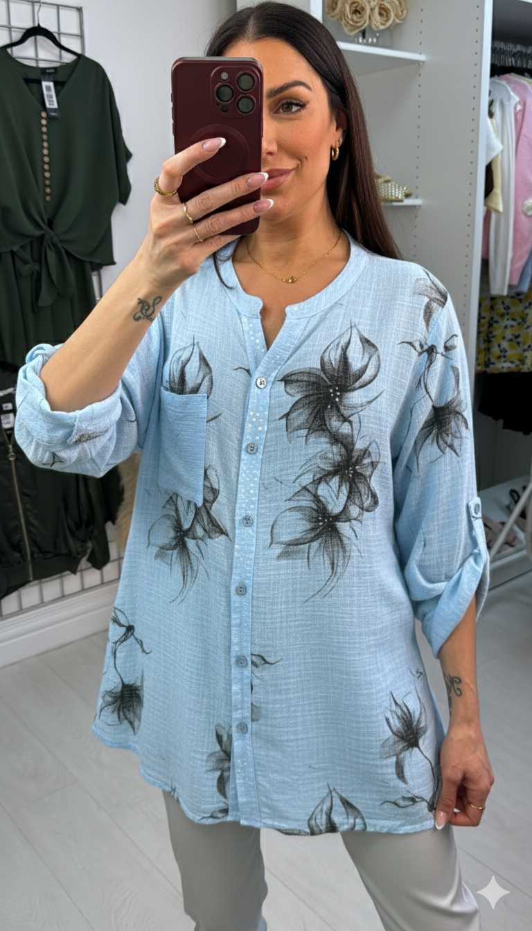 Jaylani Floral Print V Neck Sequin Embellished Top