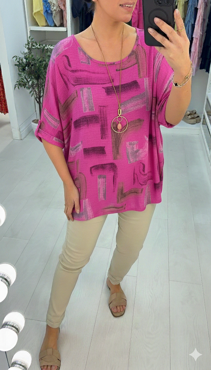 Ivona Abstract Print Necklace Dipped Hem Top