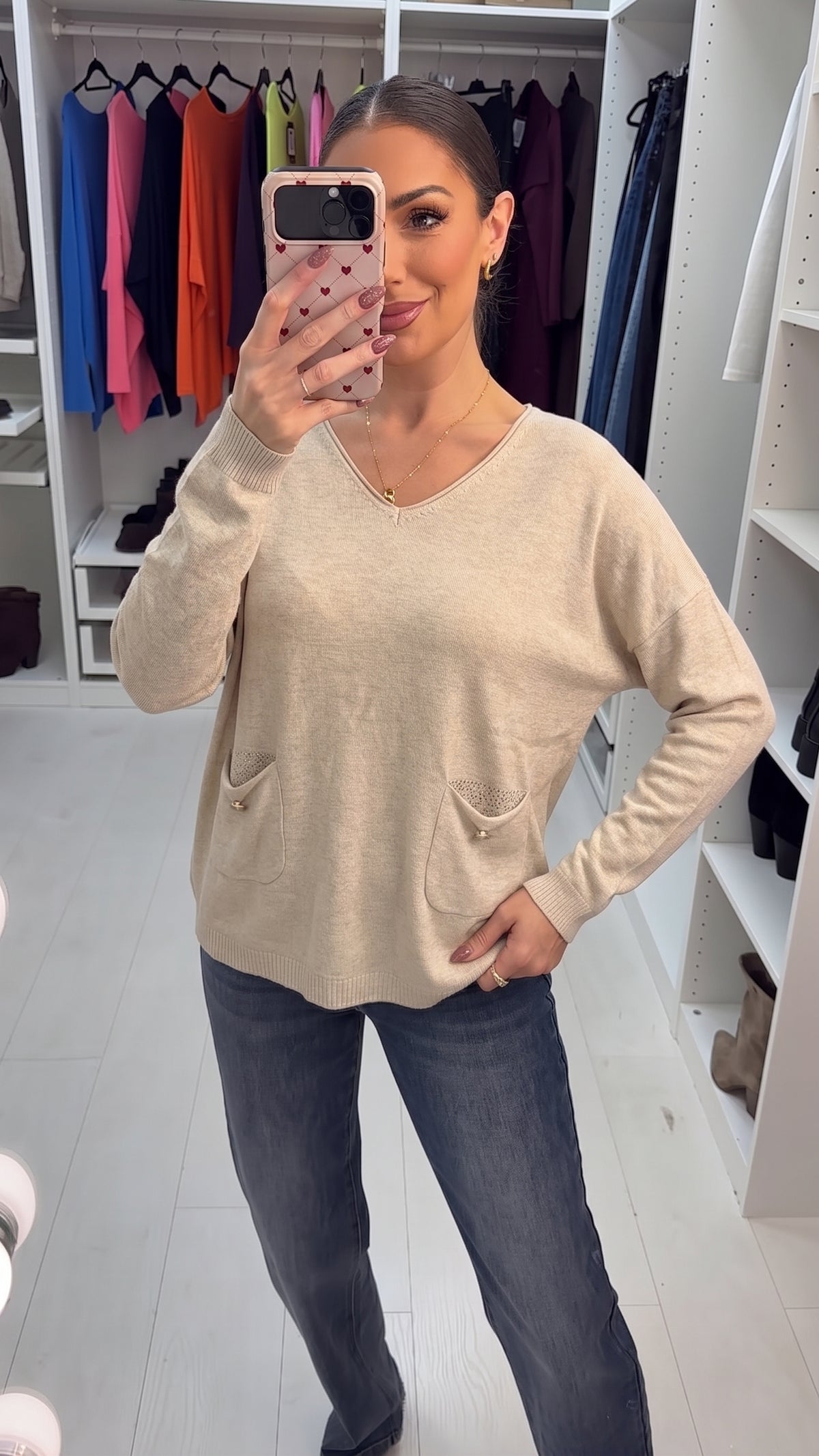 Prya Embellished Pocket V Neck Jumper