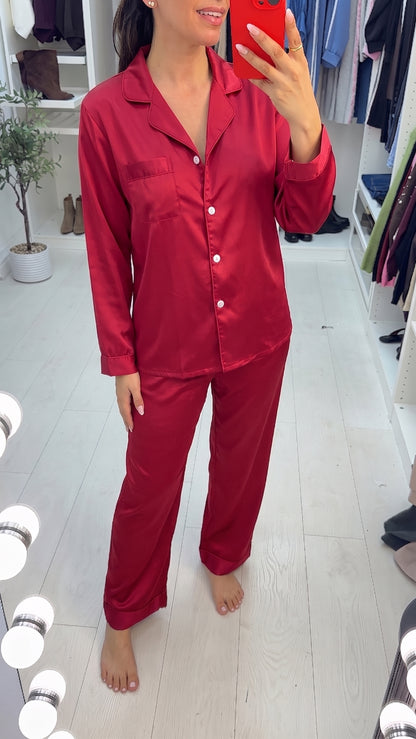Rhianna Satin Long Sleeve Piped Trim Pyjama Set