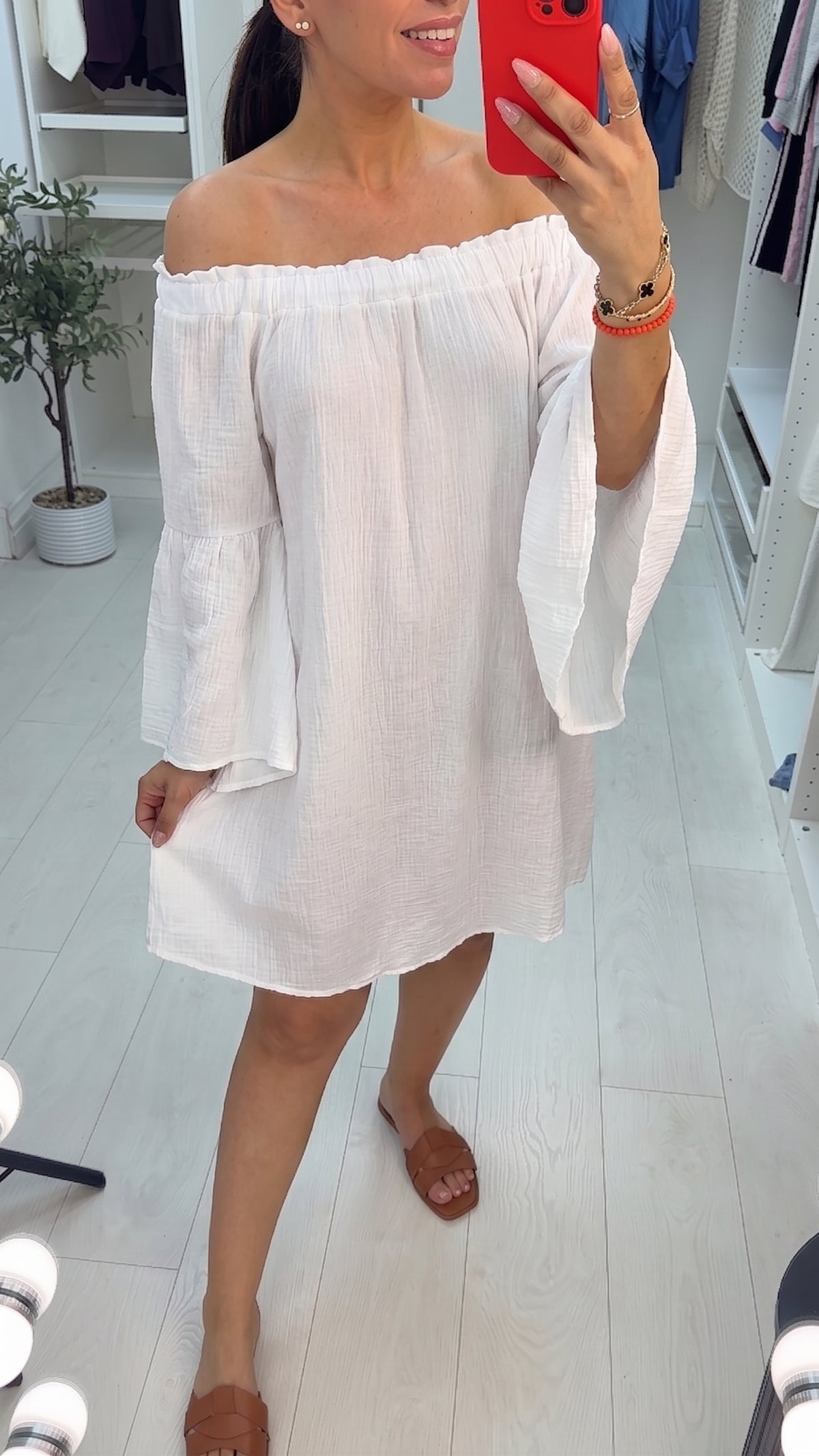 Isda Cheesecloth Bardot Ruffle Sleeve Smock Dress