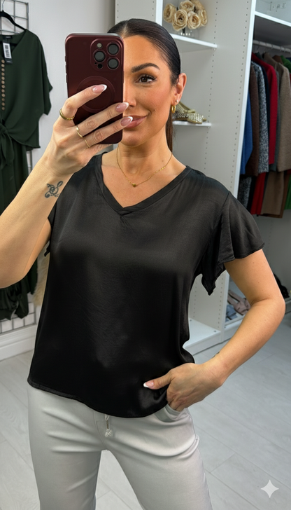 Corinna Satin V Neck Short Sleeve Top
