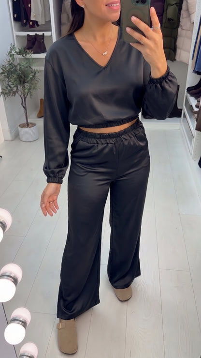 Manrika Satin Cropped Top Wide Leg Loungewear Set