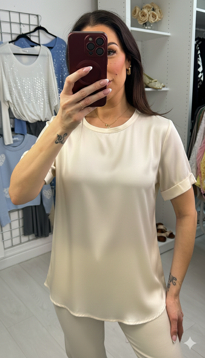 Letita Plain Satin Dipped Hem Short Sleeve Top