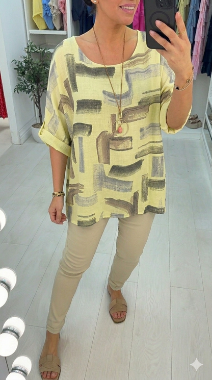 Ivona Abstract Print Necklace Dipped Hem Top