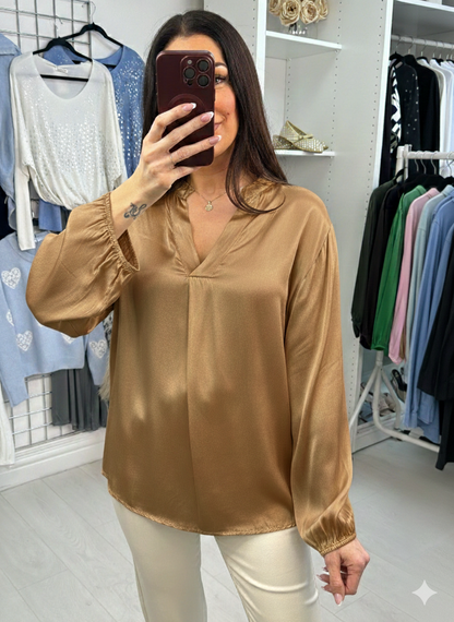 Lilou Plain V Neck Elasticated Cuff Satin Blouse