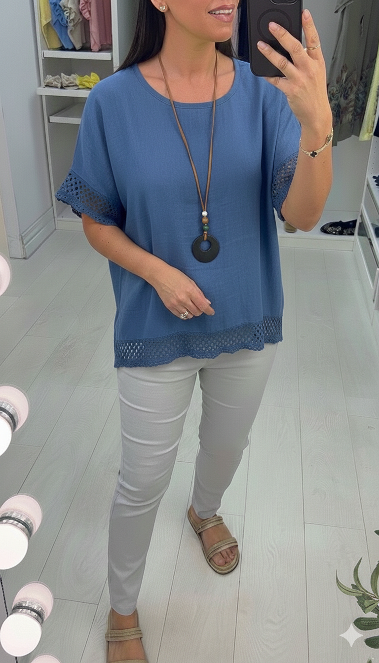 Glenda Plain Crochet Detail Necklace Top