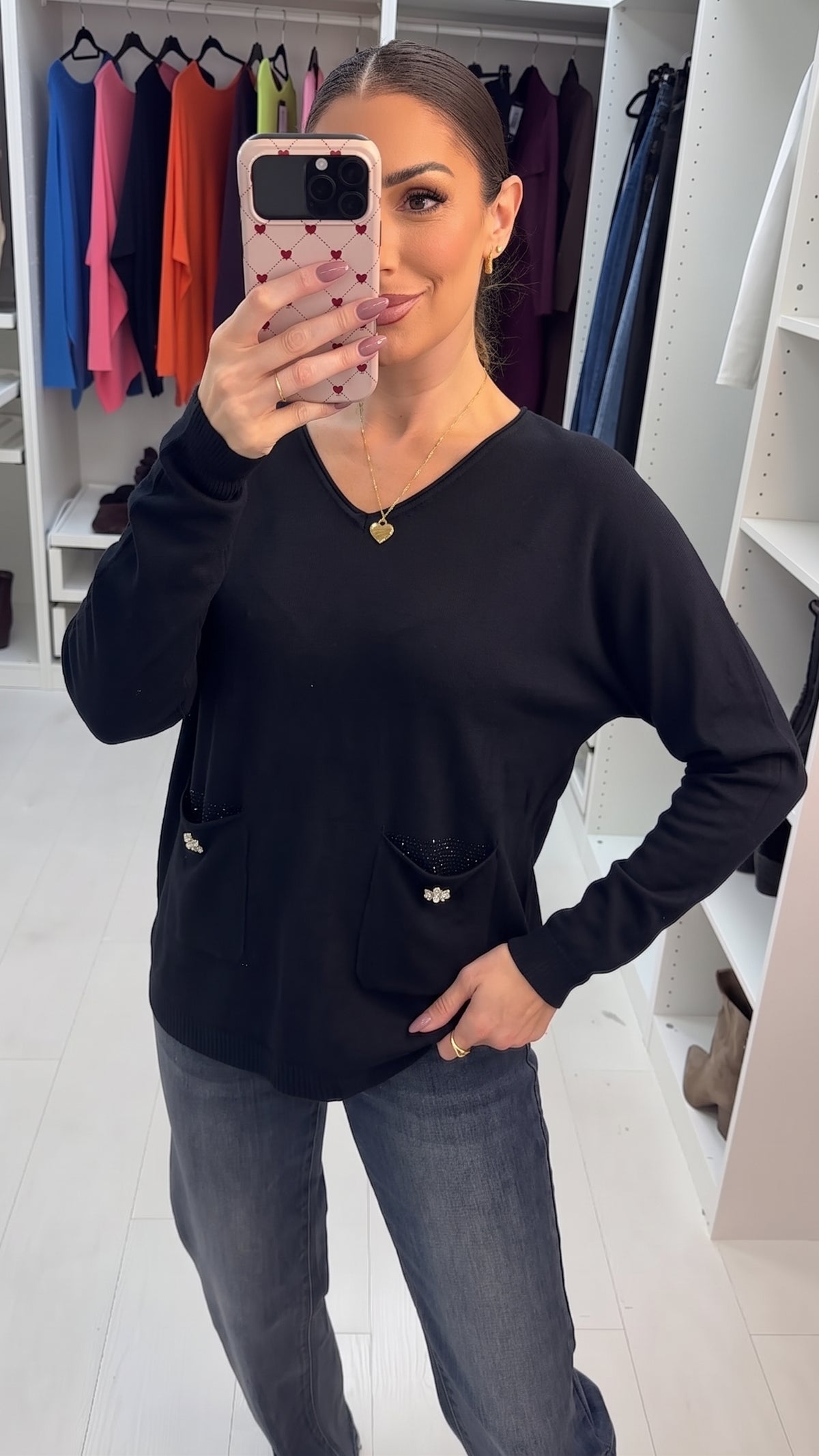 Prya Embellished Pocket V Neck Jumper