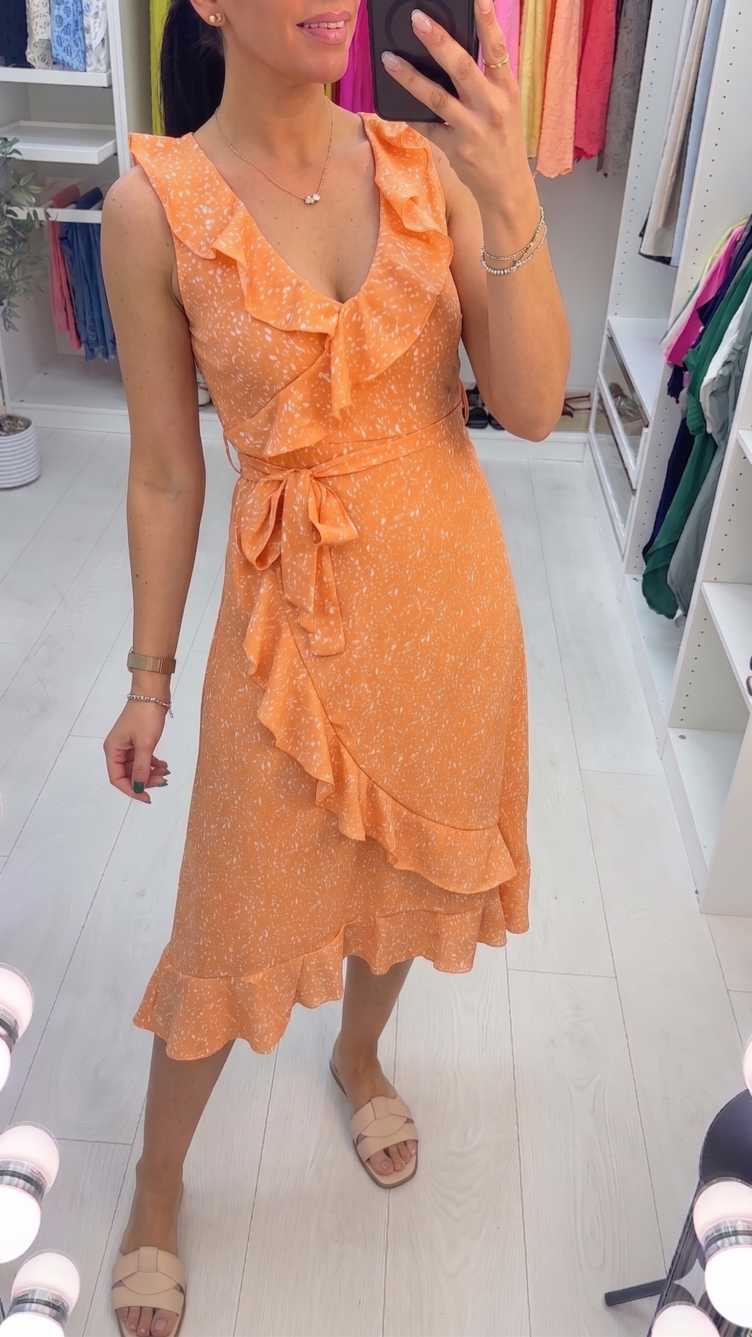 Selenta Orange Frill Detailed Polka Wrap Print Swing Dress