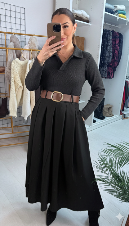 Milly V Neck Belted Black Skirt Dress