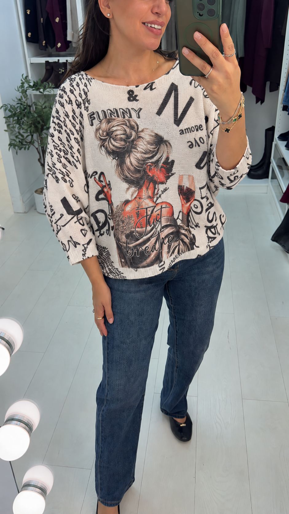 Korina 'Just Breathe' Slogan Batwing Top
