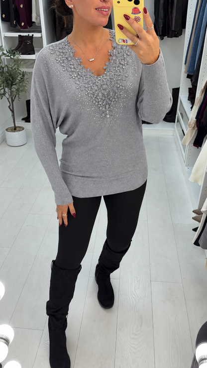 Taylia Embellished Floral V Neck Jumper