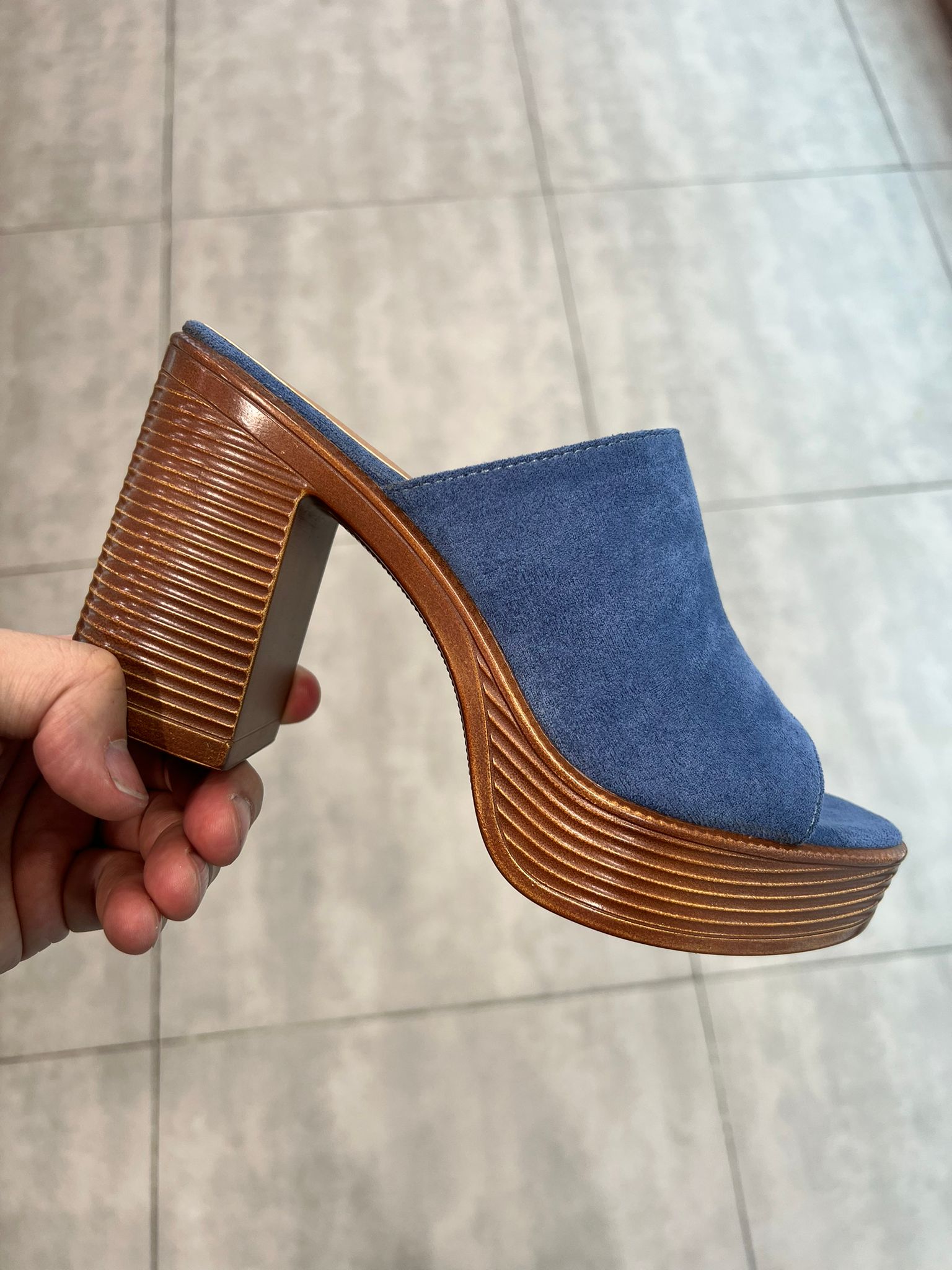 Belissima Suede Look Wooden Heel Sandals