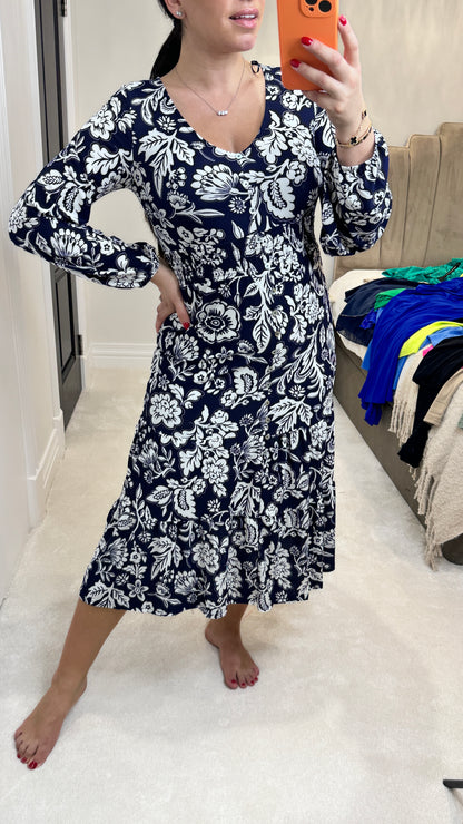Raylan V Neck Floral Midi Stretch Dress