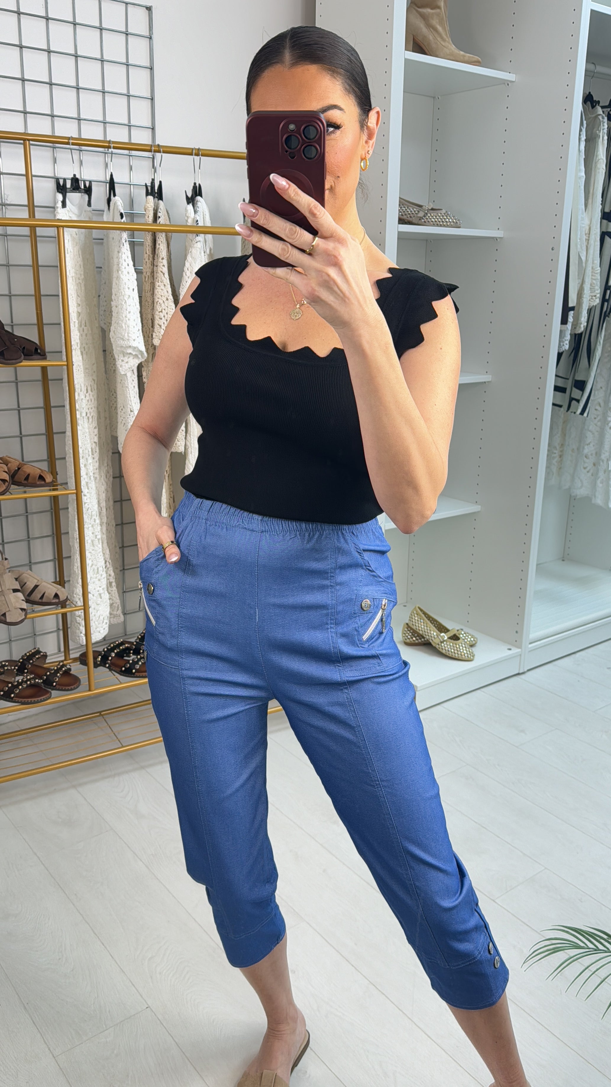 Crissy Plain Button Detail 3/4 Length Magic Trousers