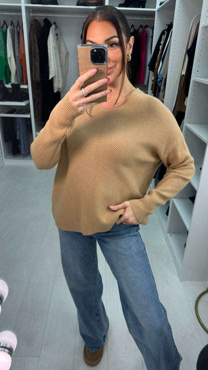 Neveah Plain Ribbed V Neck Knit Jumper