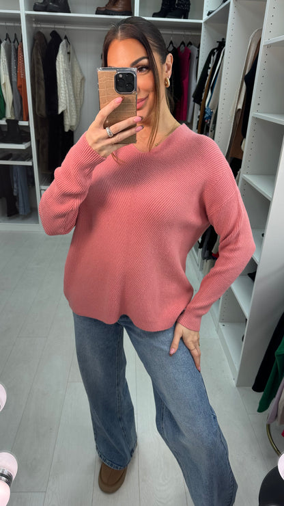 Neveah Plain Ribbed V Neck Knit Jumper