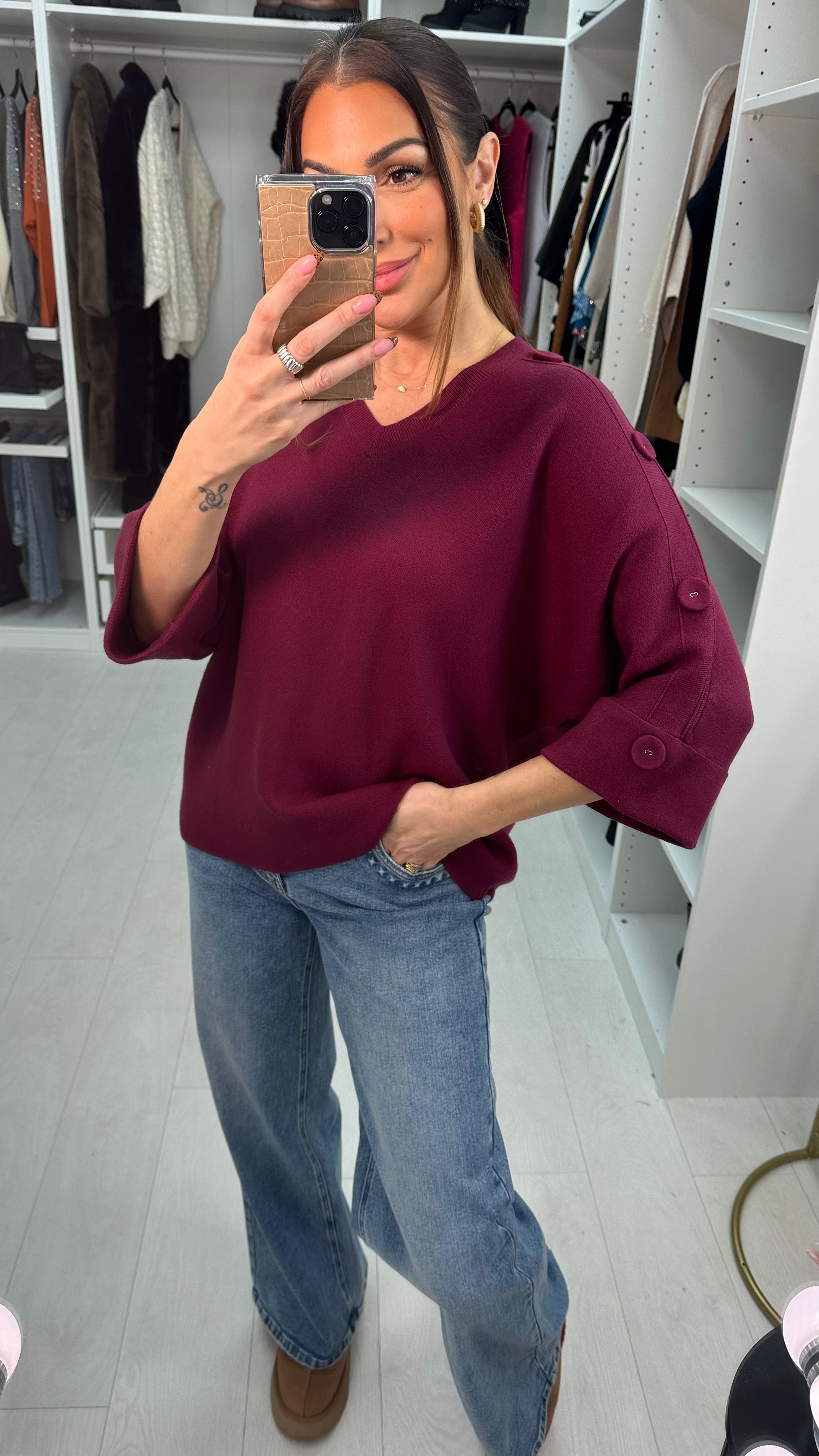 Evaline Button Detailed 3/4 Sleeve V Neck Jumper